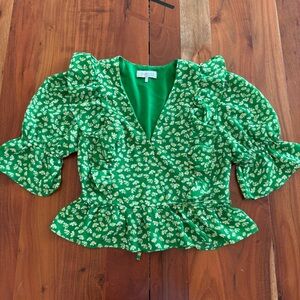 Wayf Green Floral Ruffle Wrap Top